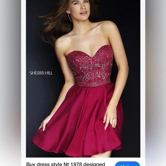 SHERRI HILL corset strapless flounce skater dress,rhinestones fit&flare,glam,red - Picture 2 of 16